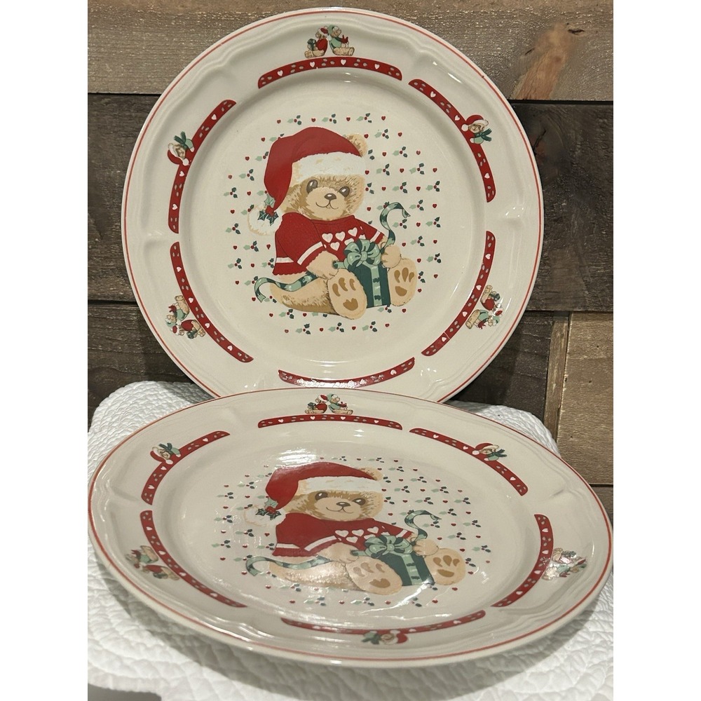 Set Of 2 TIENSHAN Stoneware Theodore Bear's Christmas Dinner Plates 11"